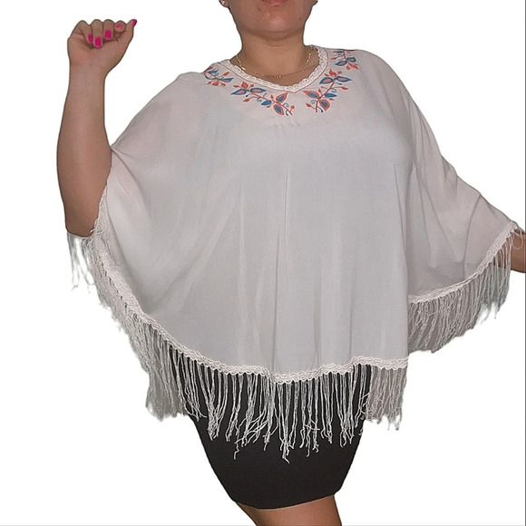 XCVI Cream Fringe Poncho Orange Embroidered V-Neck Size S - Picture 2 of 12
